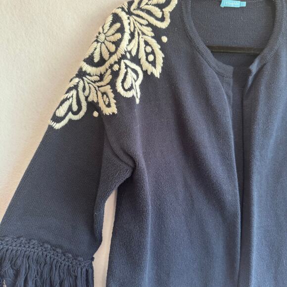 J. McLaughlin Navy Embroidered Fringe Sleeve Cardigan Jacket  L Cotton coastal - Picture 3 of 6